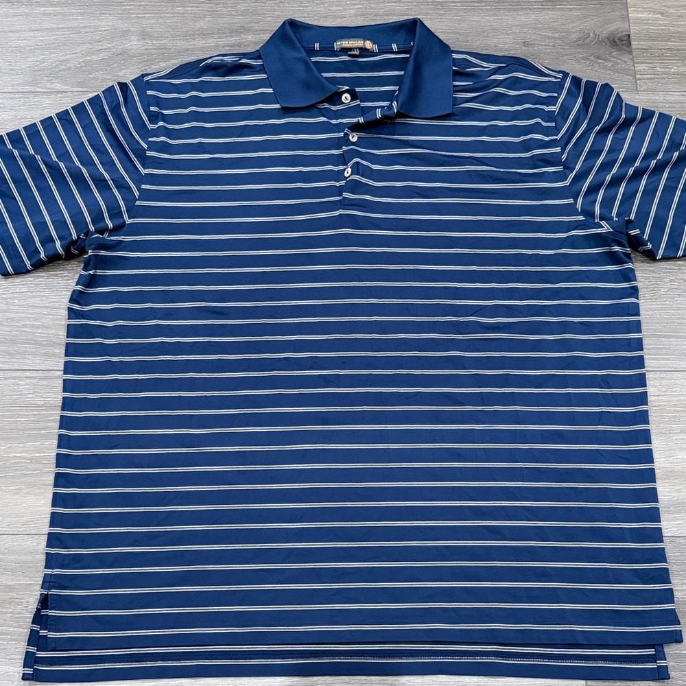Peter Millar Men's Navy and White Striped Polo XXL